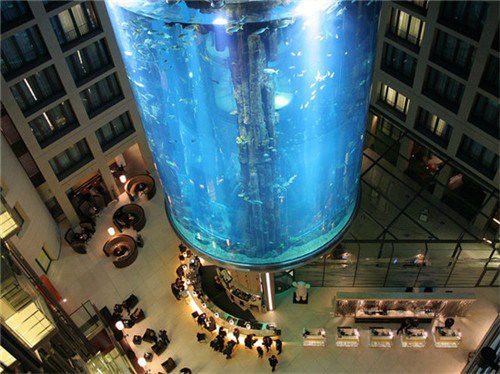 AquaDom电梯(德国，柏林)雷德森酒店的AquaDom电梯实际上位于世界上最大的圆柱形水族馆内部，为玻璃材质，高达100英尺(约合30.5米)，内部十分宽敞。要知道乘坐它就可以全方位观赏水族馆内部的50余种鱼类以及其它海洋生物。