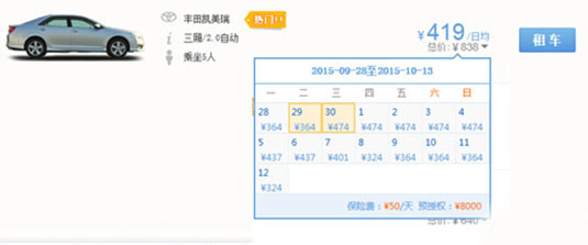 国庆假期神州租车公司丰田凯美瑞车型出租价格表（北京地区）