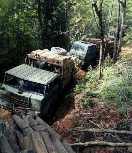 这些军用卡车在泥泞崎岖的山路间前行，担负丛林间的运输任务，在泥潭、坑洼地带前行自如，能力强大。