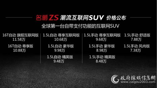 名爵ZS同步推出10款车型，售价7.38万-11.58万元